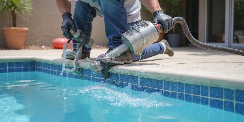 Professional pool tile cleaning with glass bead blaster