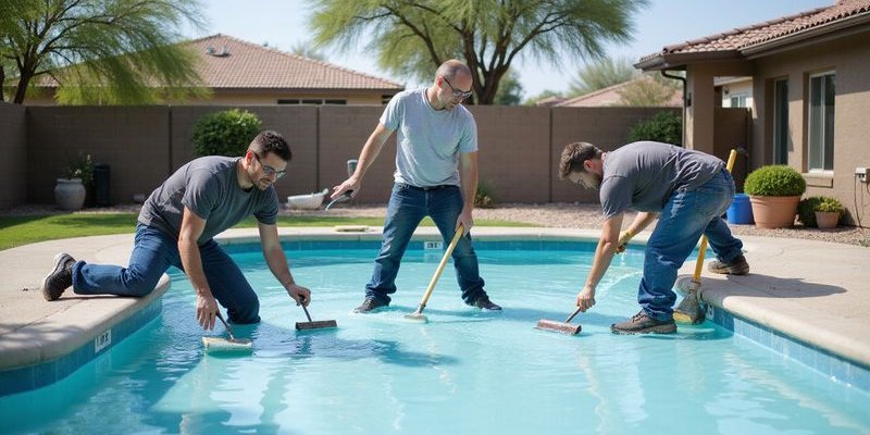Pool resurfacing in progress showing the application process